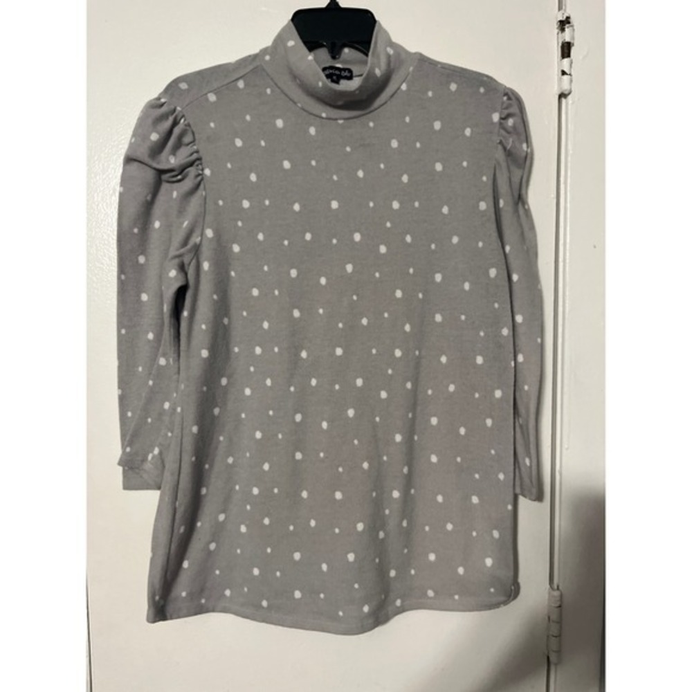 Olivia Blu Grey Polka Dot Mock Neck Puff Sleeve Top XL 24232-WW